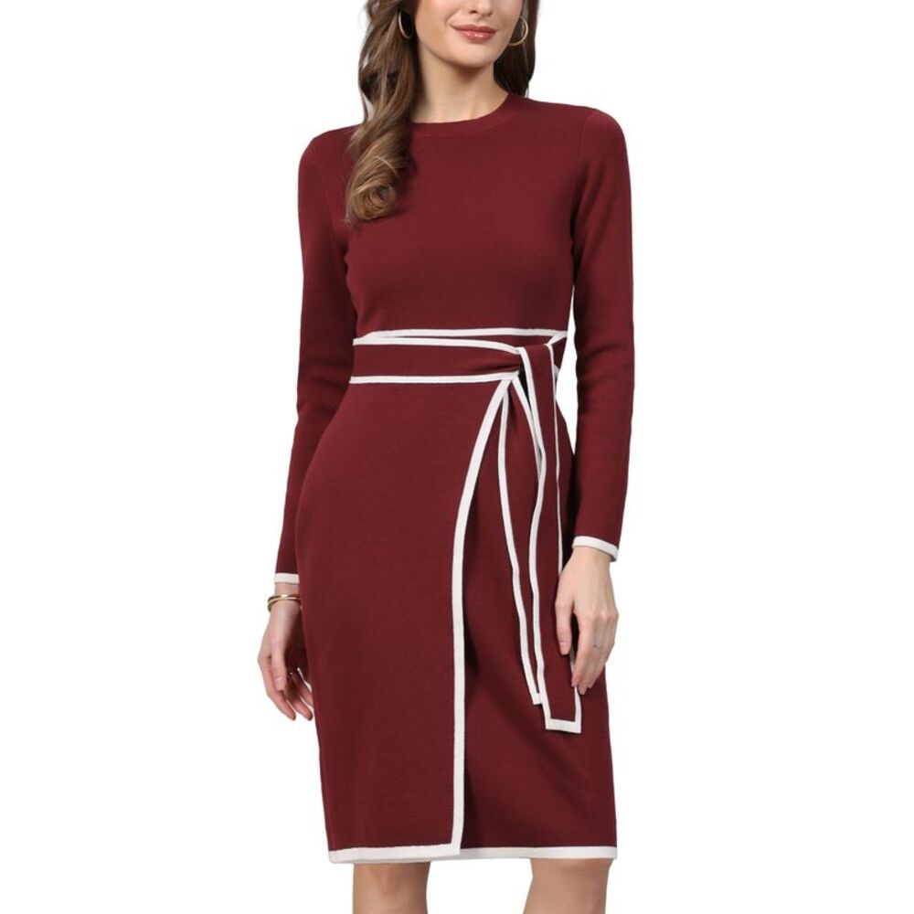 Women Casual Contrast Color Faux Wrap Long Sleeve Sweater Dress Dark Red
